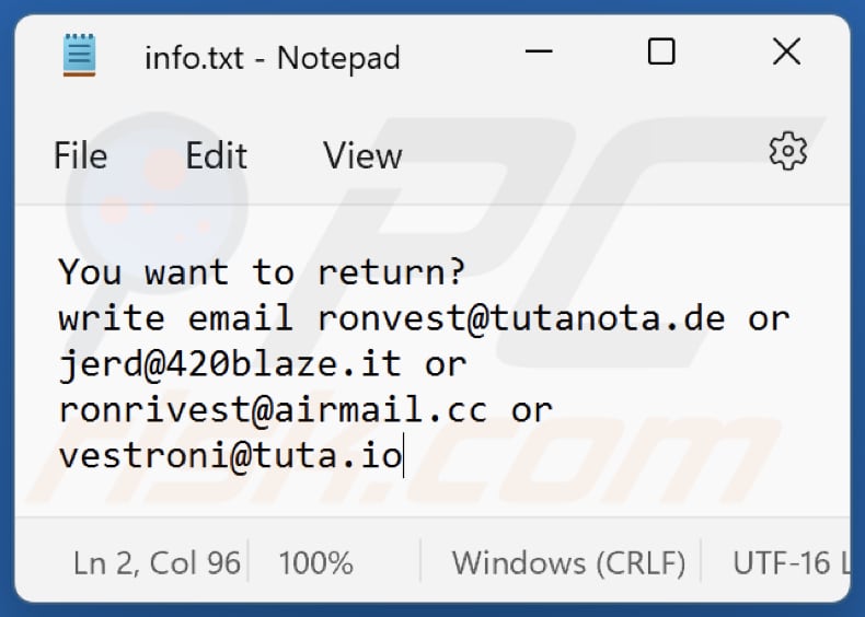 Screenshot del file di testo di R0n (