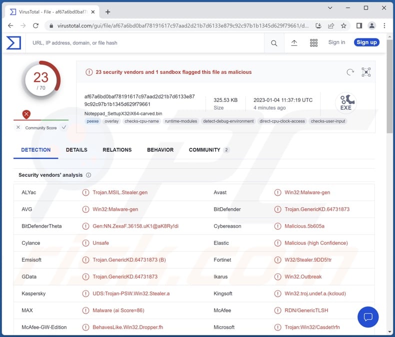 Rilevamenti di malware Rhadamanthys su VirusTotal