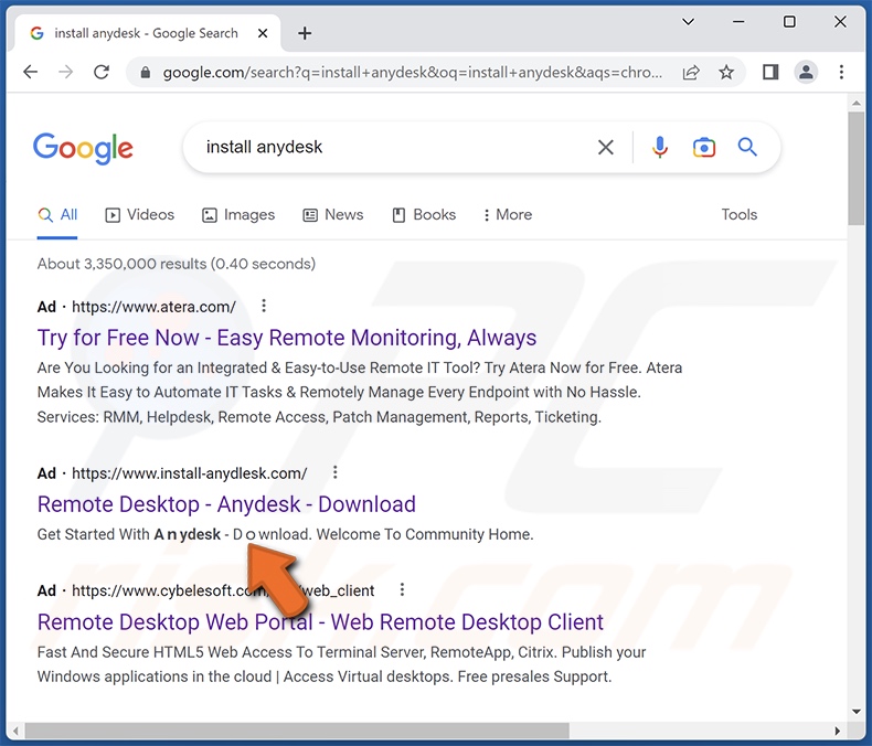 Screenshot di una pubblicità di Google che promuove il falso sito Web AnyDesk
