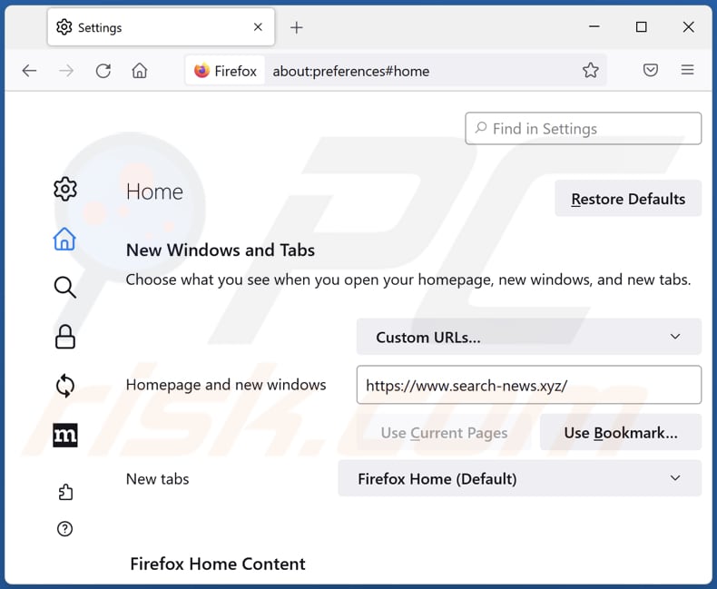 Rimozione di search-news.xyz dalla home page di Mozilla Firefox