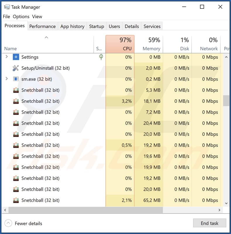 Adware Snetchball in esecuzione nel task manager