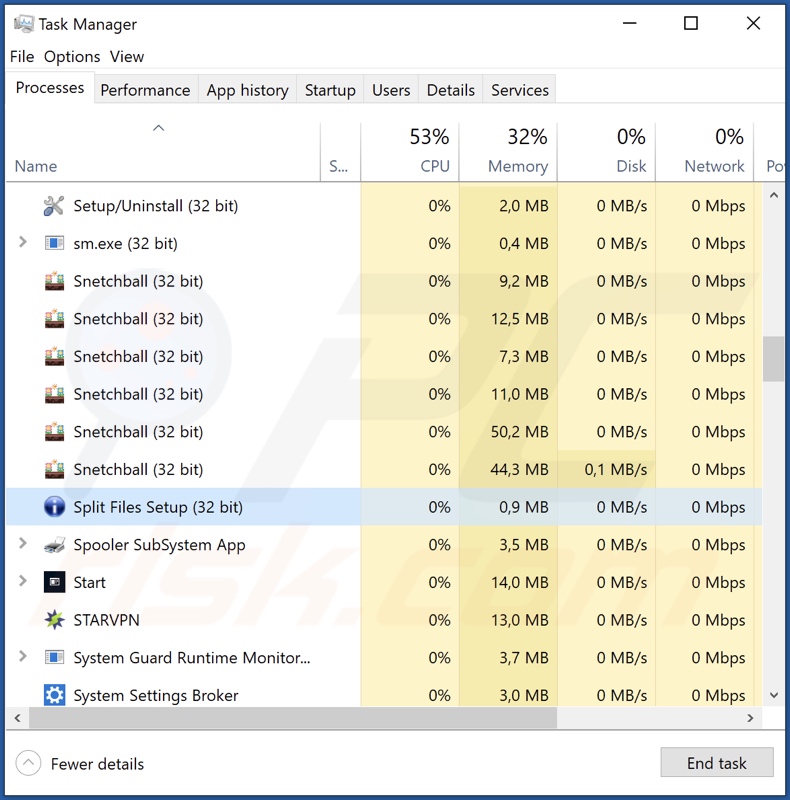 Schermata del processo dell'adware Split Files nel Task Manager di Windows (nome del processo
