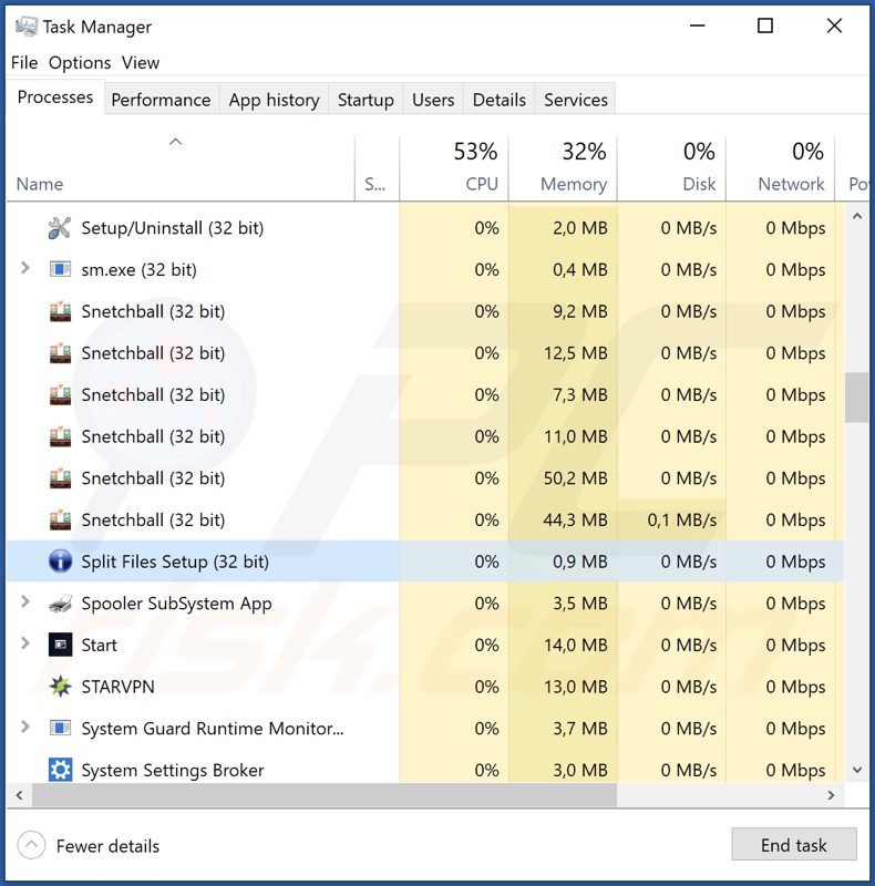 Schermata del processo dell'adware Split Files nel Task Manager di Windows (nome del processo