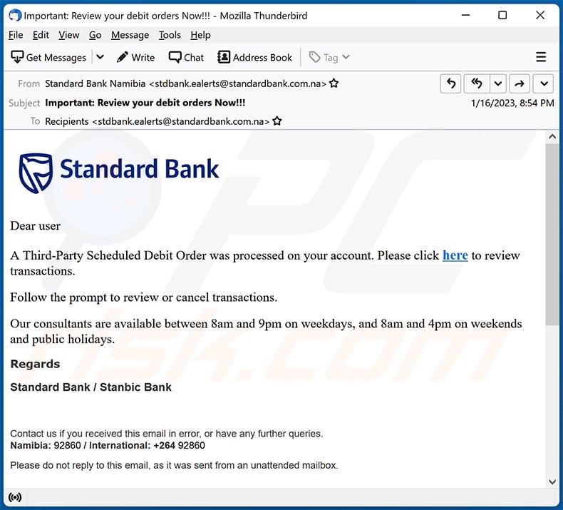 Un altro esempio di e-mail di spam a tema Standard Bank che promuove un sito di phishing identico (2023-01-17)
