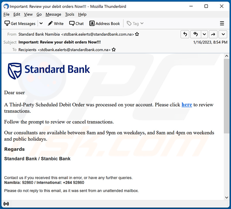 Un altro esempio di e-mail di spam a tema Standard Bank che promuove un sito di phishing identico (2023-01-17)