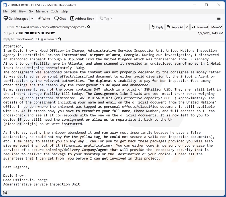 United Nations - Abandoned Shipment campagna di spam via e-mail