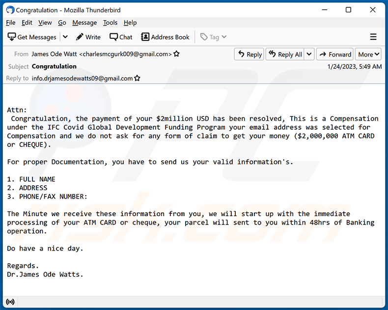 Covid Global Development Funding Program truffa via e-mail