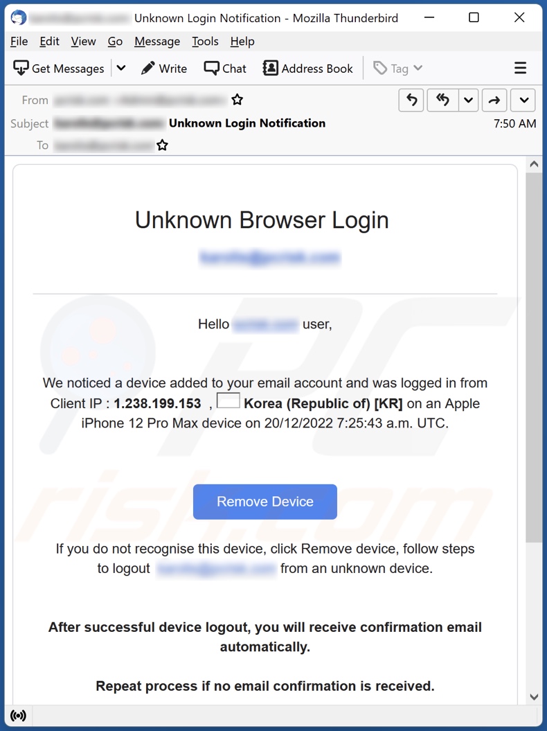 Campagna di spam e-mail di accesso al browser sconosciuta