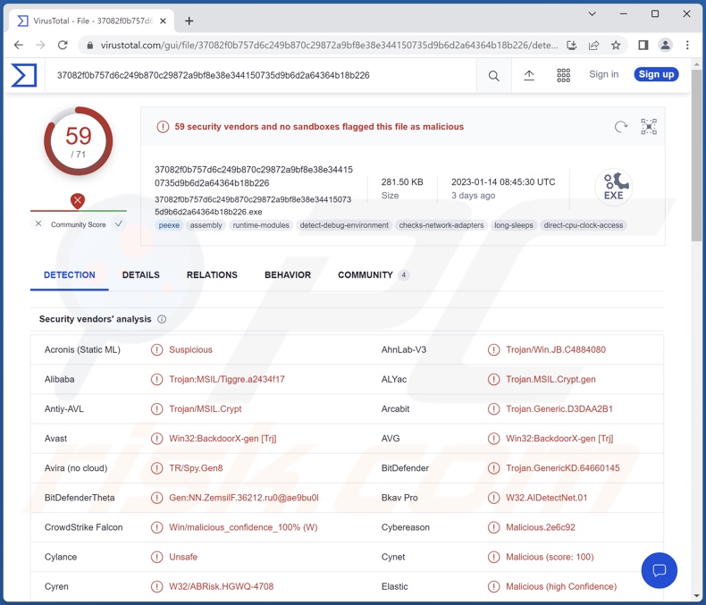 Rilevamenti di malware Vagus su VirusTotal
