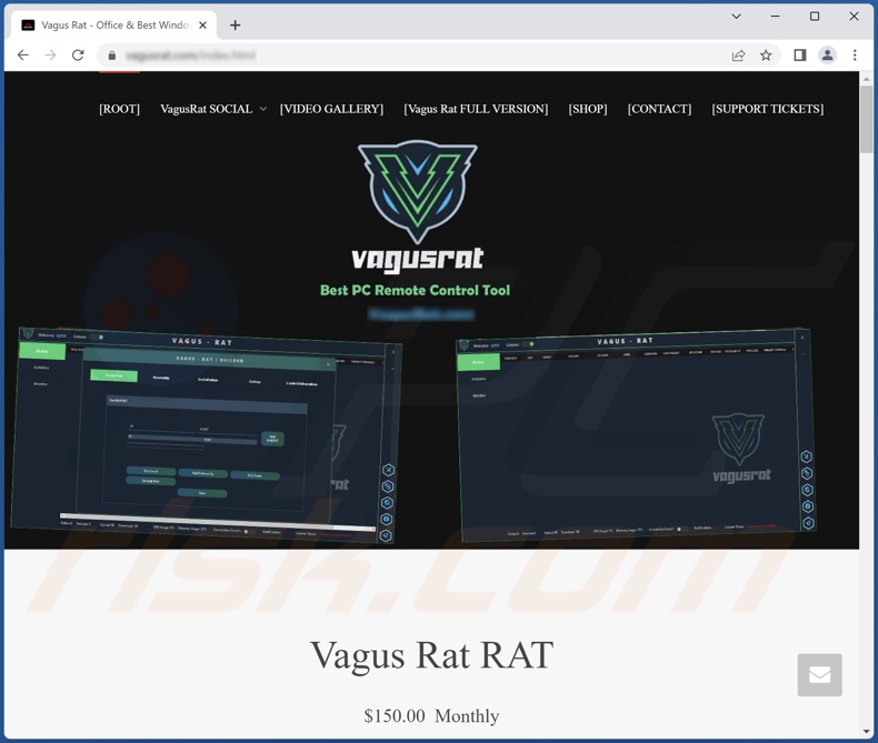 Schermata del sito Web utilizzato per promuovere e vendere Vagus RAT