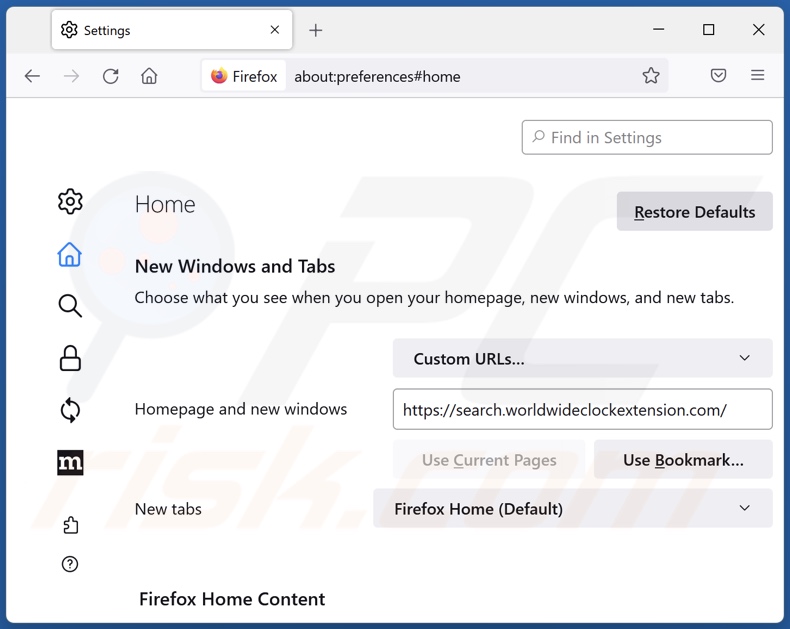 Rimozione di search.worldwideclockextension.com dalla home page di Mozilla Firefox