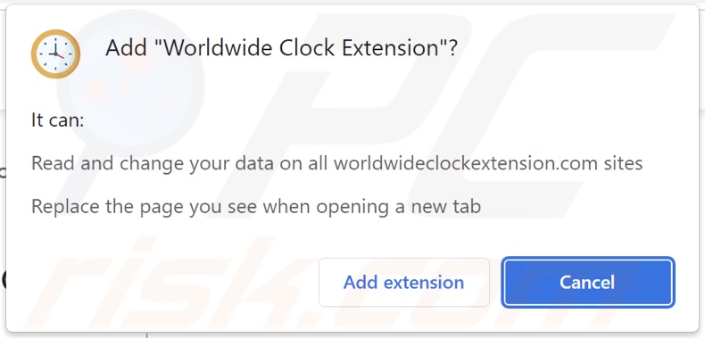 Autorizzazioni richieste dal dirottatore del browser Worldwide Clock Extension:
