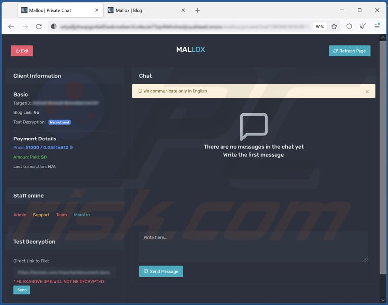 Screenshot del sito Web Tor di Xollam utilizzato per contattare i criminali informatici