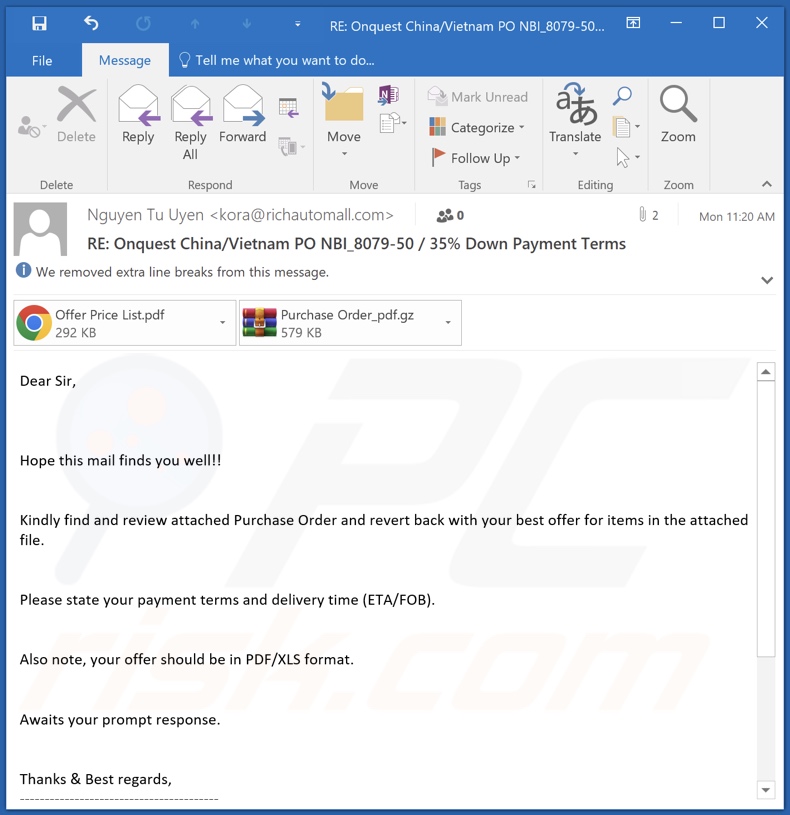 Email spam utilizzata per distribuire Agent Tesla che infetta i sistemi con zgRAT