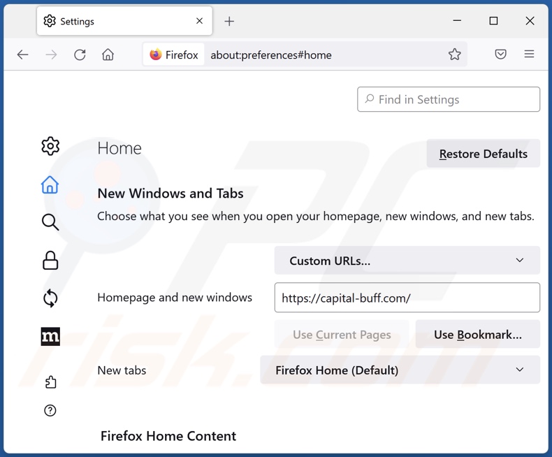 Rimozione di capital-buff.com dalla home page di Mozilla Firefox