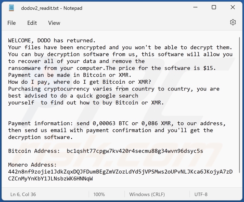 Screenshot del file di testo del ransomware DODO (