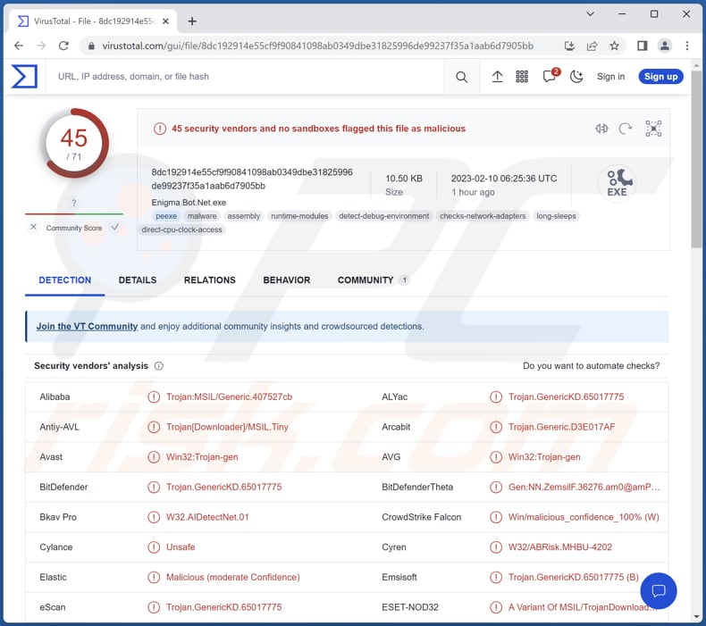 Rilevamenti di malware Enigma su VirusTotal