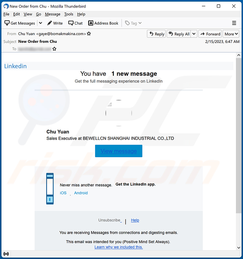 Un altro esempio di e-mail di spam a tema LinkedIn (2023-02-22)