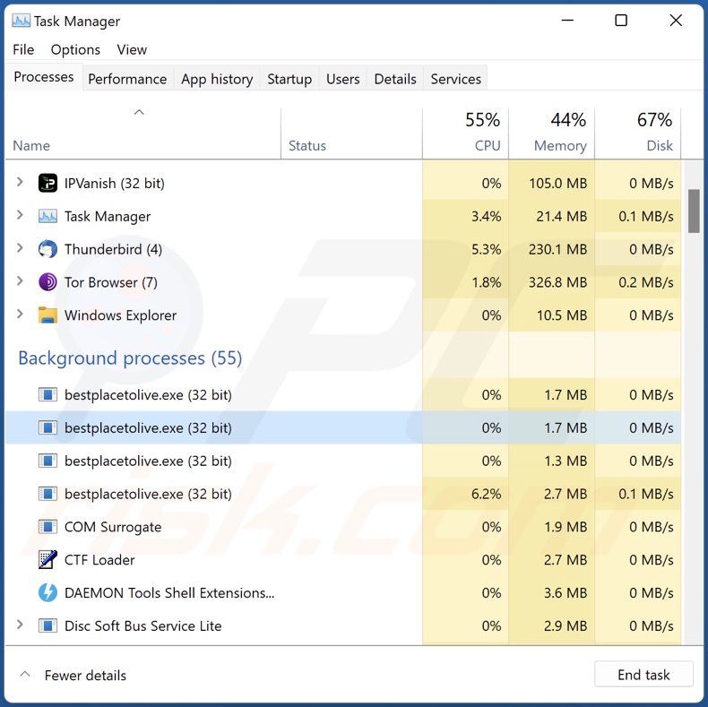 Schermata del processo di Mimic su Task Manager di Windows (nome del processo 