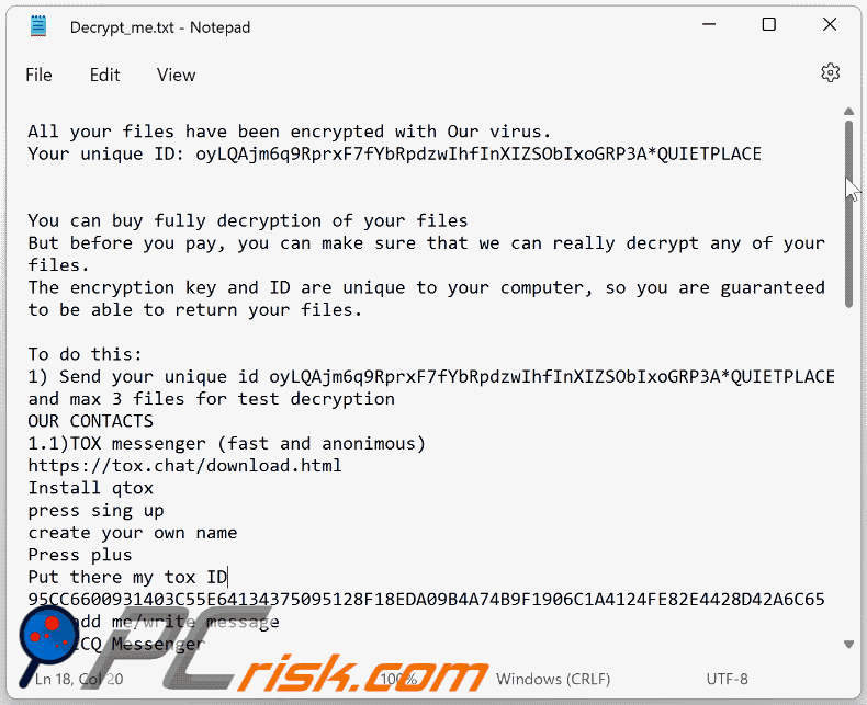 Aspetto del file di testo di Mimic ransomware 