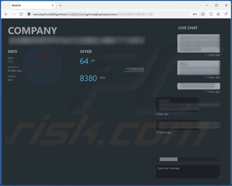 Chat dal vivo del ransomware NEVADA