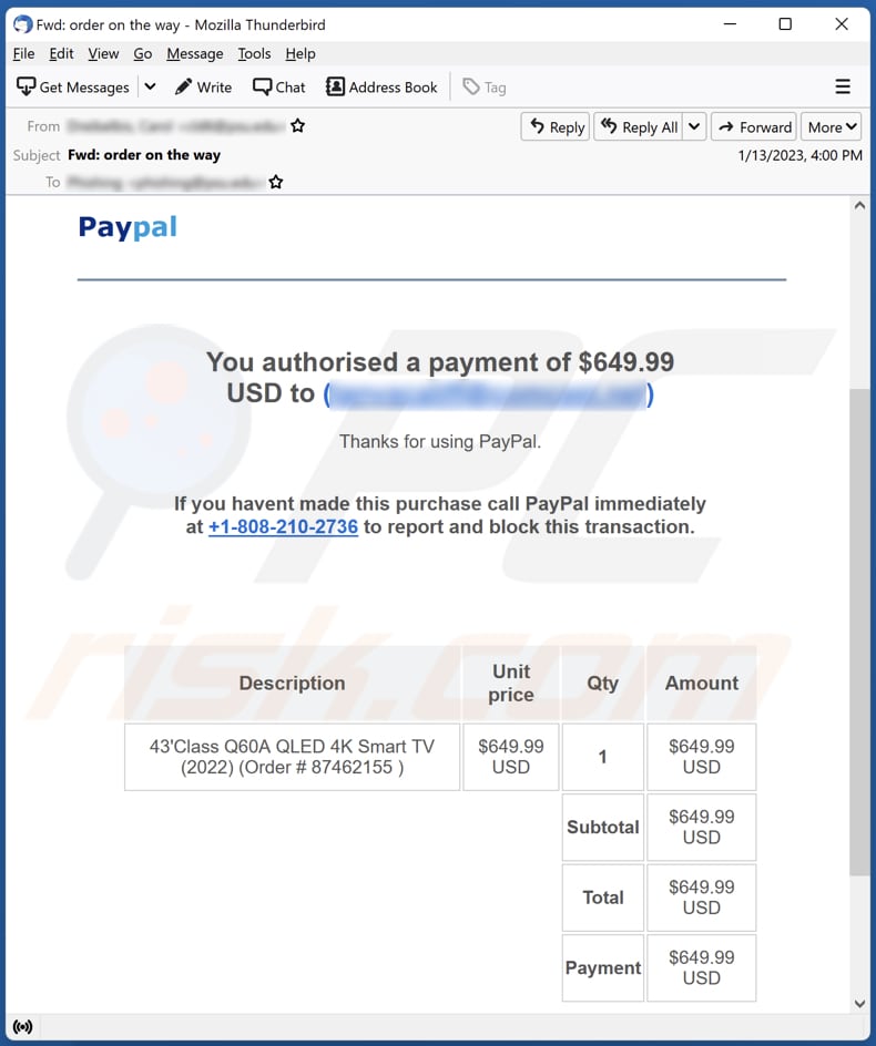 PayPal - You Authorised A Payment campagna di posta indesiderata