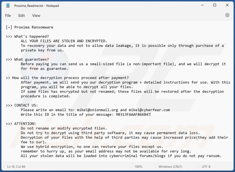Screenshot del file di testo del ransomware Proxima (