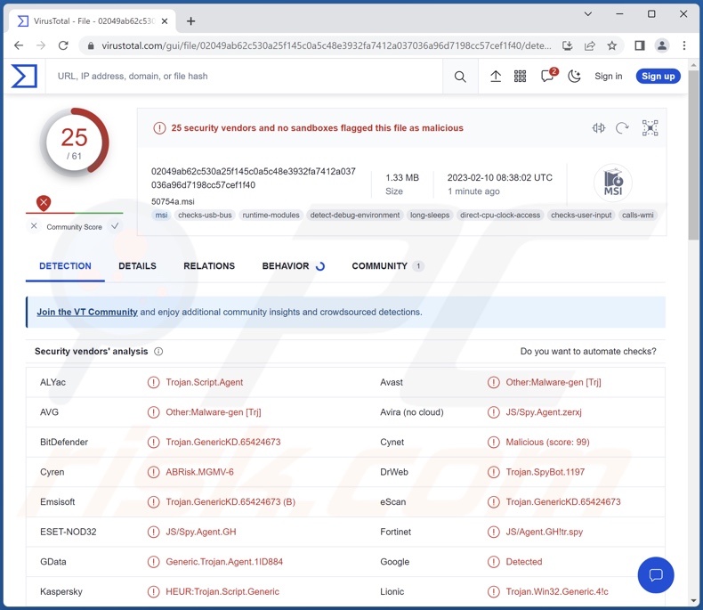 Rilevamenti di malware da parte di Screenshotter su VirusTotal