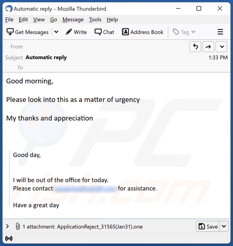 Screenshot di un'e-mail di spam che distribuisce un file OneNote dannoso 2