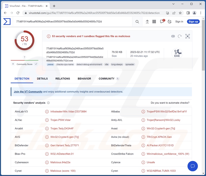 rilevamenti del malware Stealc su VirusTotal