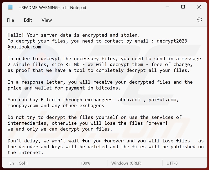 Schermata del file di testo del ransomware Stolen (Makop) (