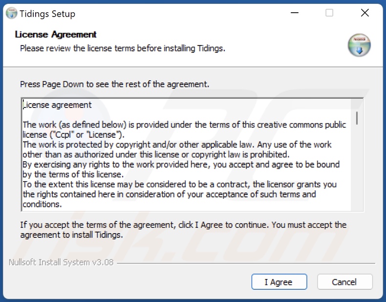 Screenshot della configurazione dell'installazione dell'adware Tidings: