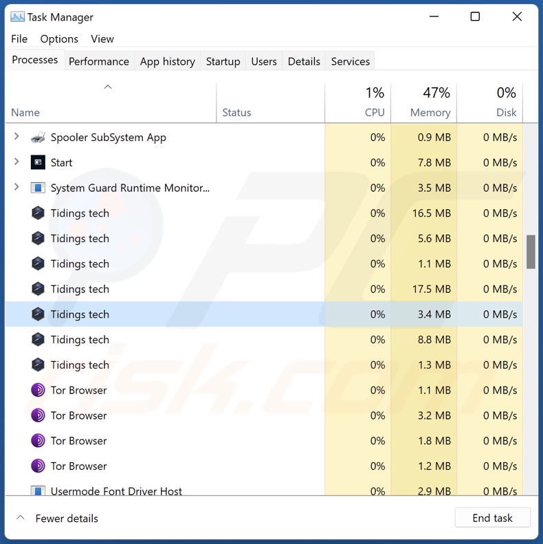 Screenshot del processo dell'adware Tidings su Task Manager di Windows (nome del processo 