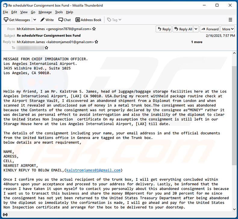 United Nations - Abandoned Shipment Email Truffa (2023-02-22 - sample 1)