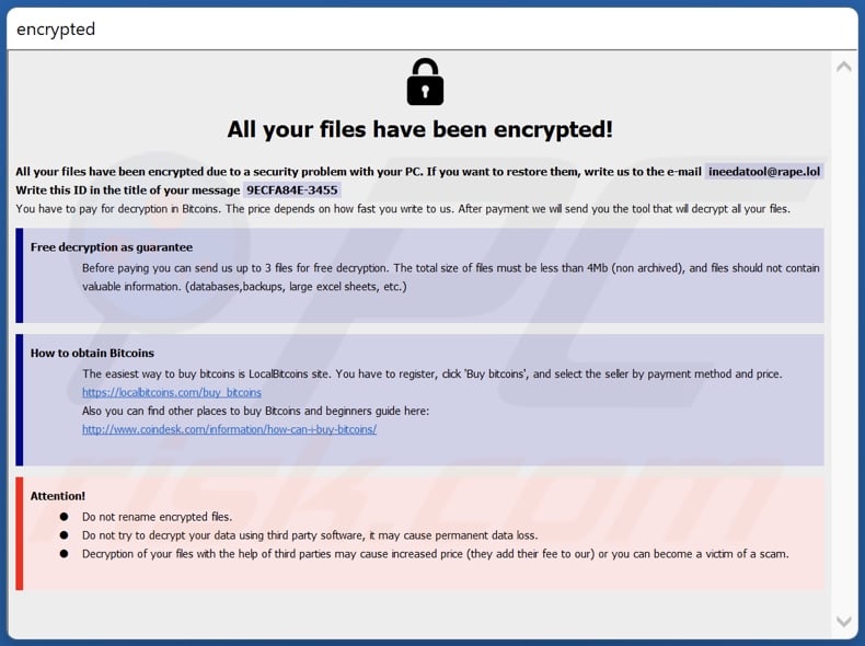 Schermata della finestra pop-up di Carver ransomware (