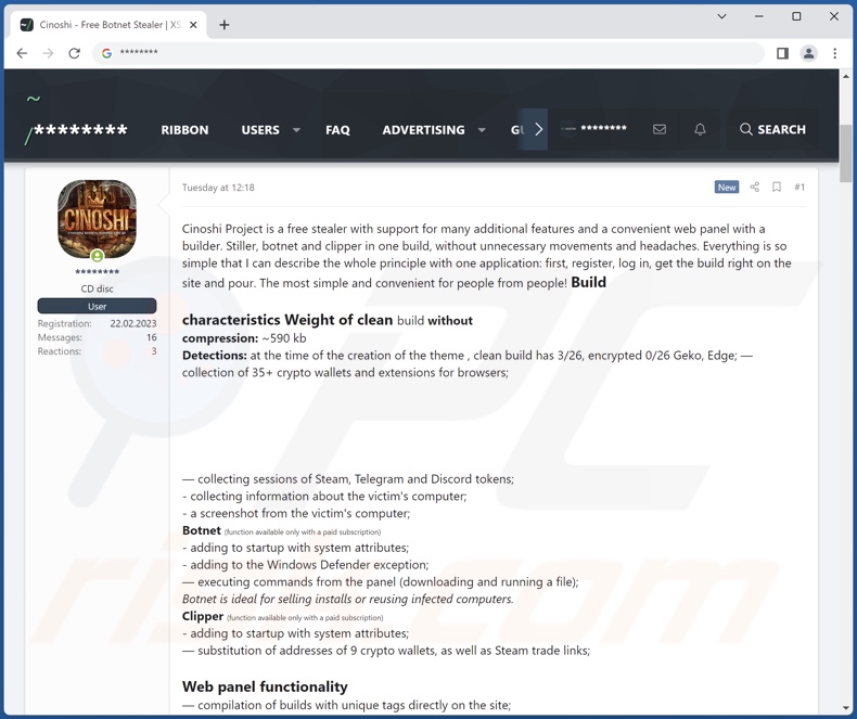 Screenshot dello stealer Cinoshi promosso su un forum di hacker