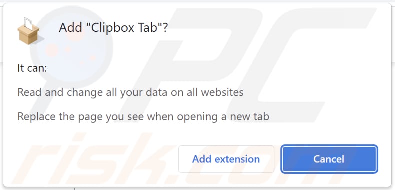 Autorizzazioni richieste dal dirottatore del browser Clipbox Tab