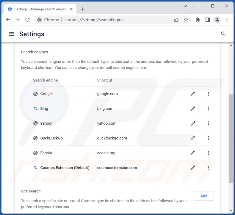 Rimozione di cosmosextension.com dal motore di ricerca predefinito di Google Chrome