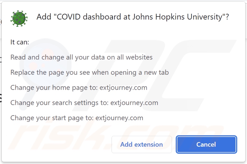 Autorizzazioni richieste dal dirottatore del browser COVID Dashboard