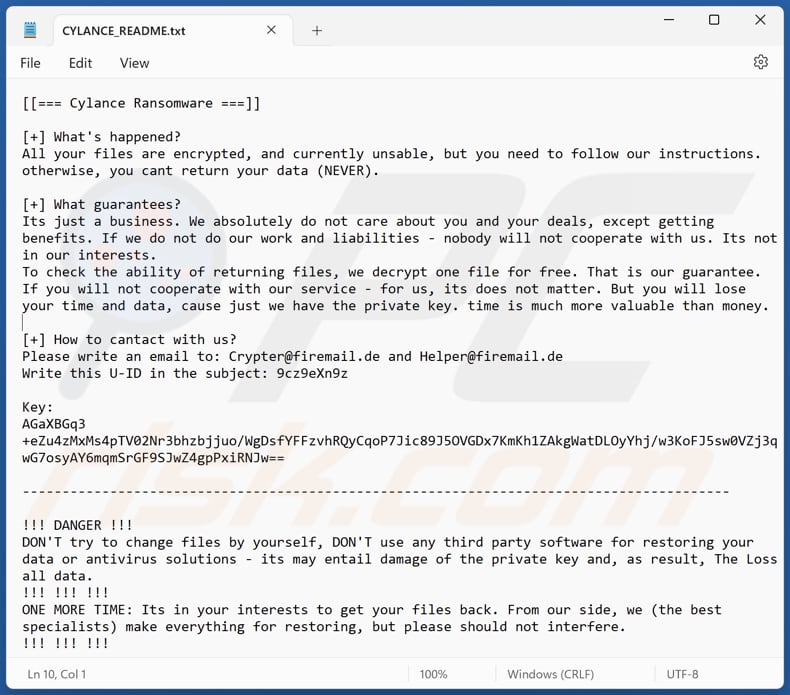 Schermata del file di testo di Cylance (