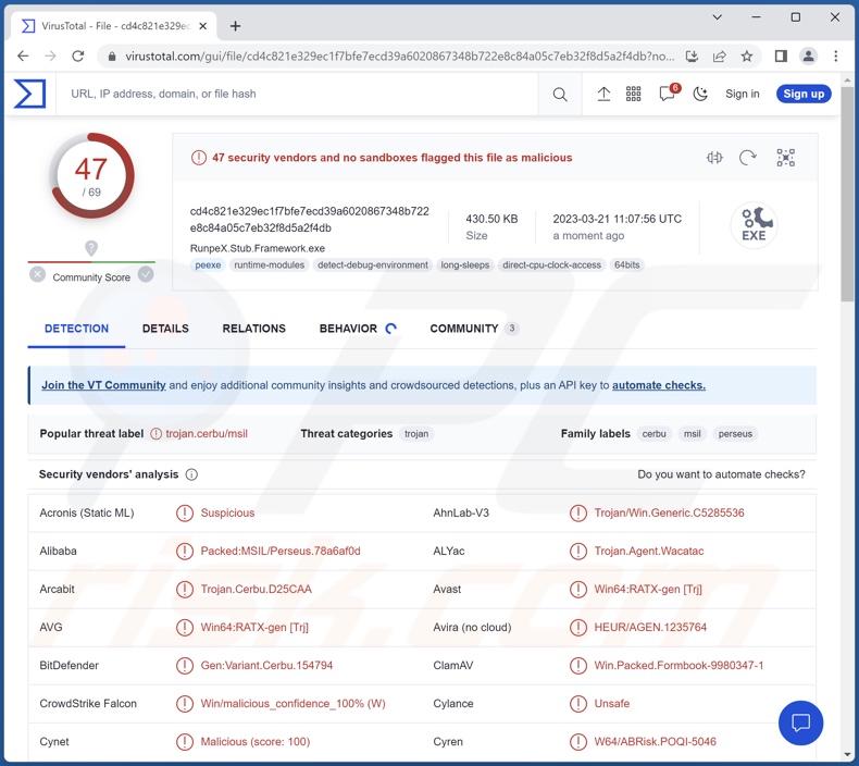 Rilevamenti di malware DotRunpeX su VirusTotal