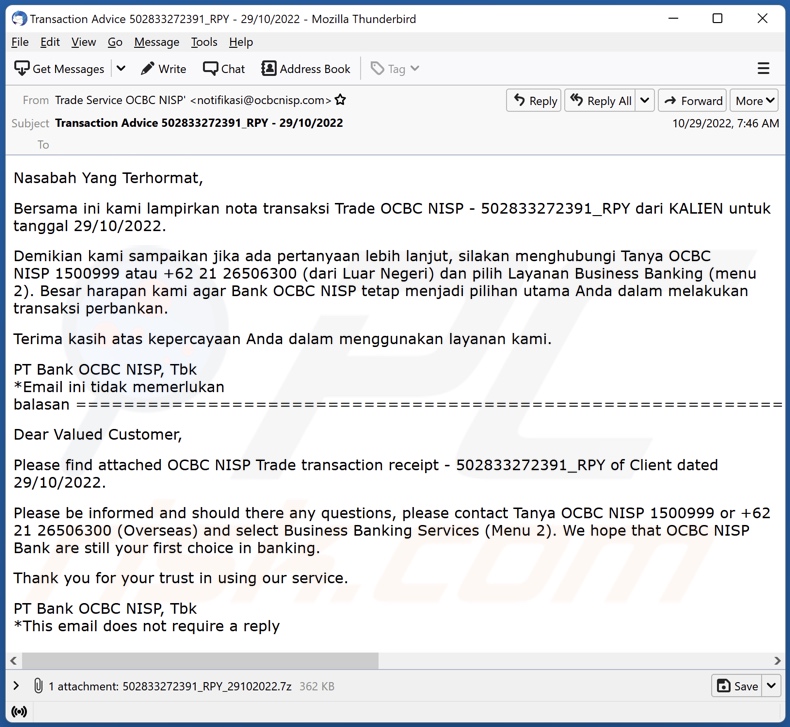 Screenshot di un'email spam utilizzata per distribuire il malware DotRunpeX