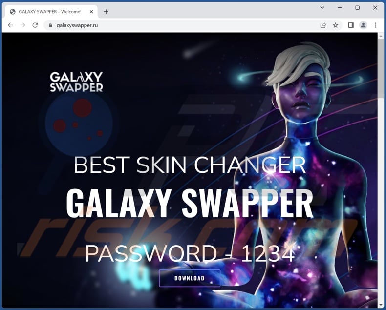 Screenshot del falso sito Web Galaxy Swapper che distribuiva il malware DotRunpeX