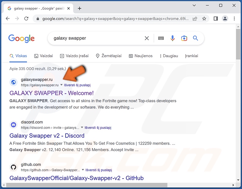 Screenshot di Google Ads che promuove un falso sito Web Galaxy Swapper utilizzato per distribuire malware DotRunpeX