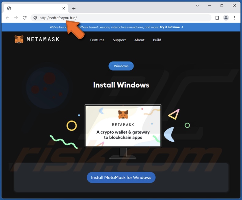 Screenshot di un falso sito Web MetaMask utilizzato per diffondere il ladro di ImBetter