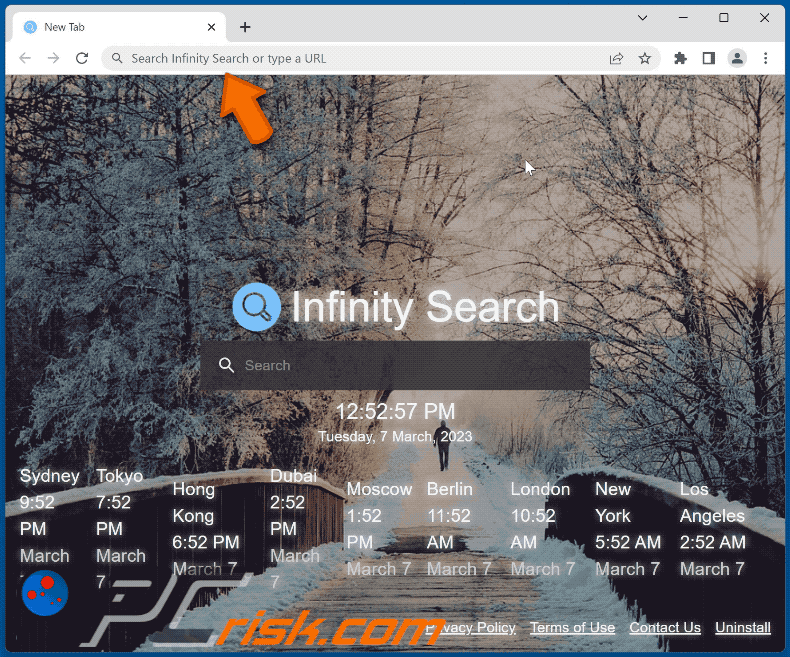 Il reindirizzamento di search.infinity-searches.com a Bing (GIF)