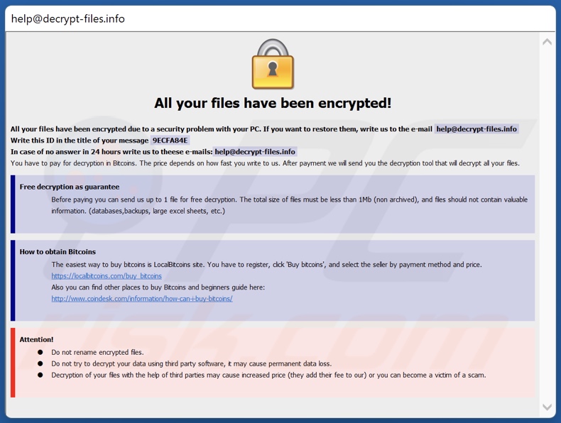 Schermata della finestra pop-up di Like (Dharma) ransomware