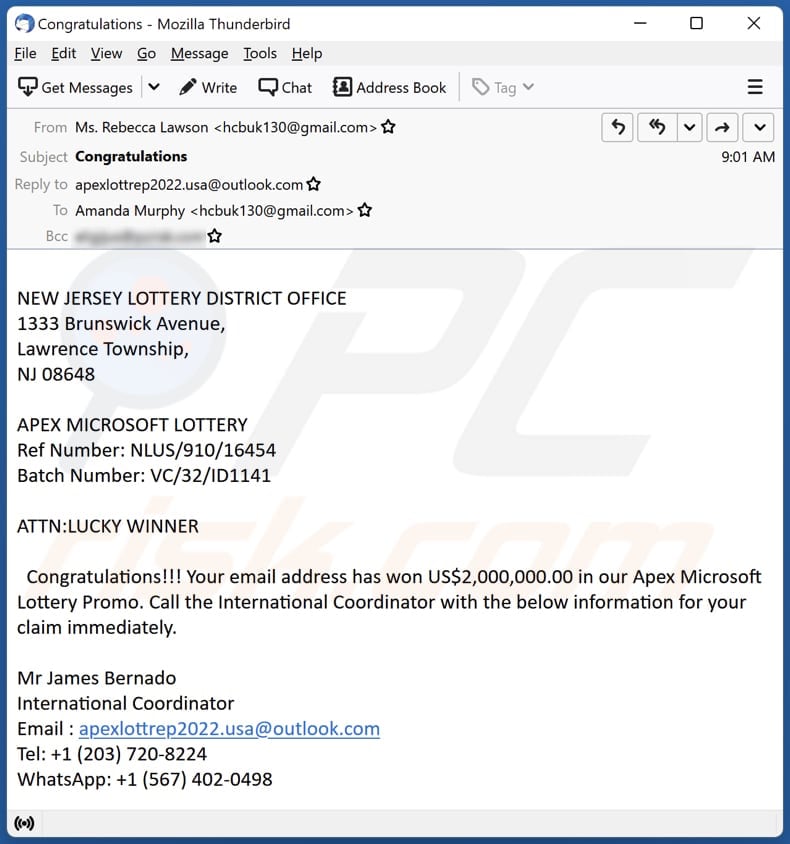 Campagna di spam email  Microsoft Lottery