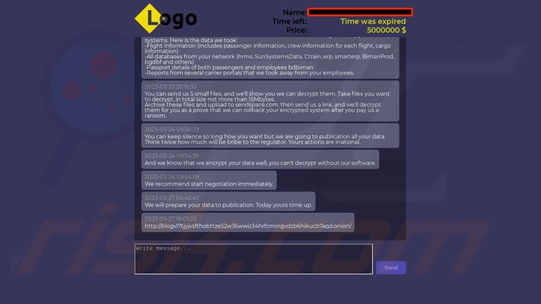 Schermata della chat di Money Message sul sito web Tor fornito