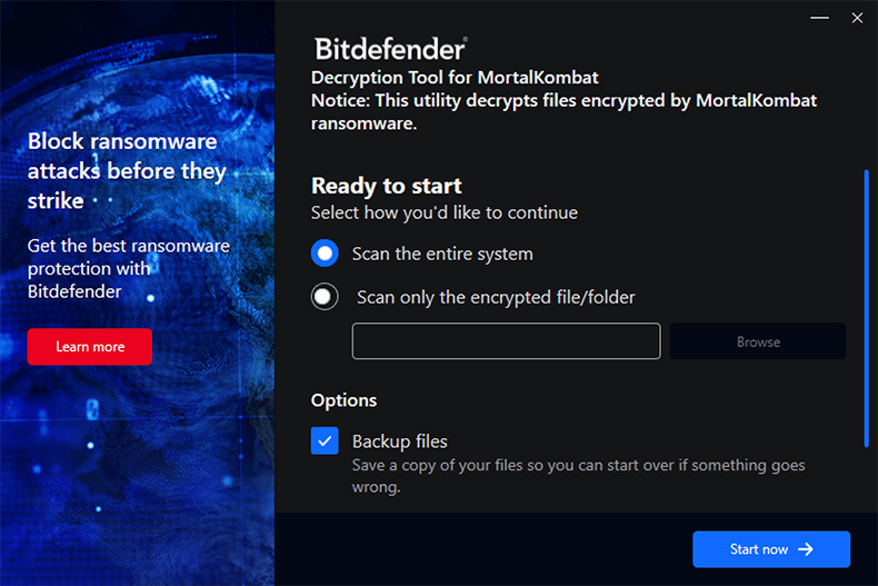Screenshot del decryptor di Bitdefender per MortalKombat ransomware